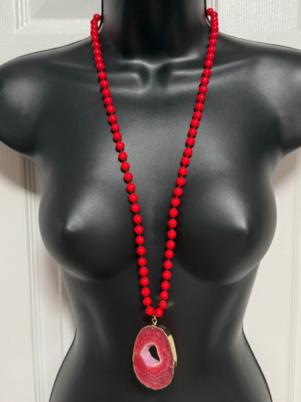 Karma and Luck Long Red Agate Druzy Necklace - Picture 2 of 15